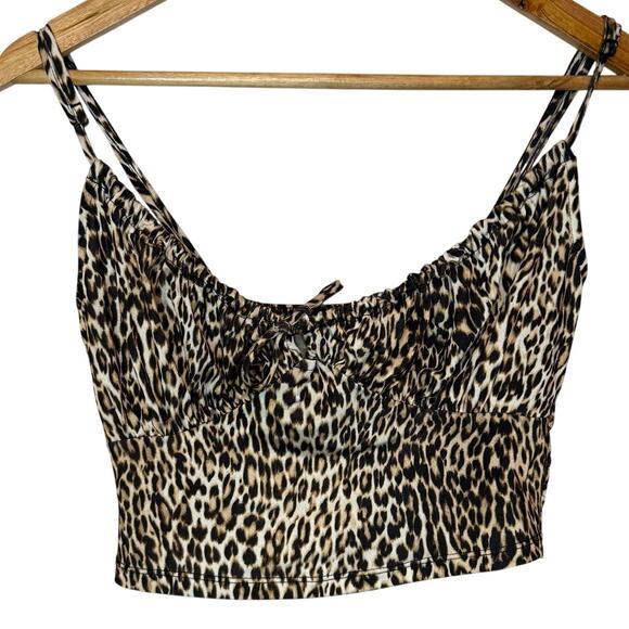 Urban Outfitters Cheetah Tank M Keyhole Tie Neck Cropped Smocked Y2K Stretch - Picture 1 of 6